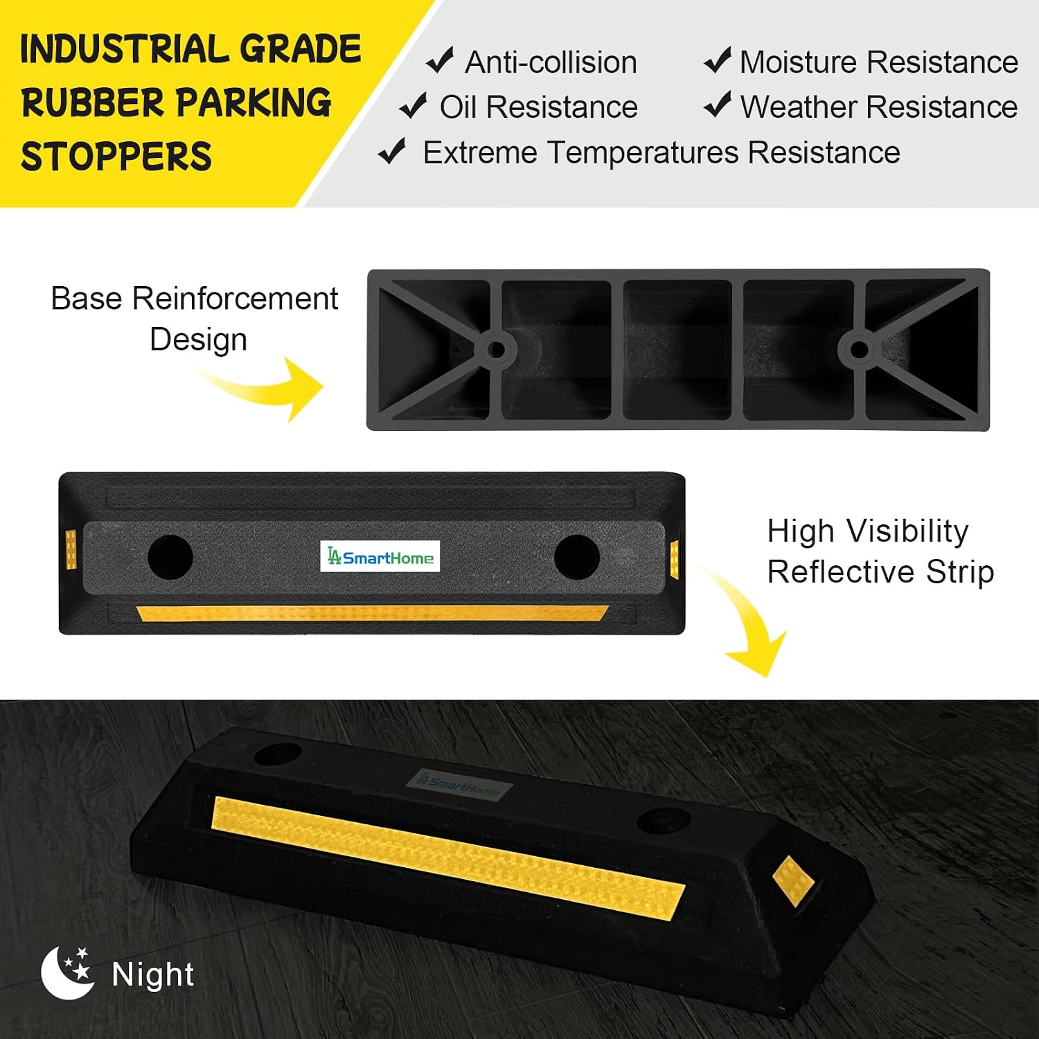 Car Stoppers for Garage, 2 Pack Heavy Duty Rubber Parking Stopper with Expansion Bolts, Reflective Garage Wheel Stop
