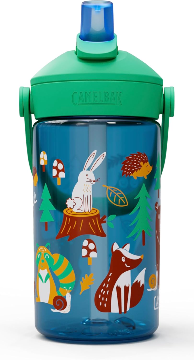 Thrive Flip Straw Kids Water Bottle with Bite Valve, Tritan Renew Design for School and Travel, 14oz, Friendly Forest