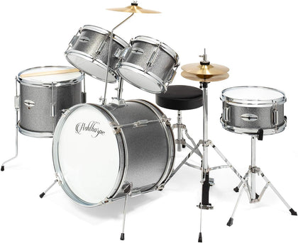 5-Piece Complete Kids Drum Set with Genuine Brass Cymbals - Junior Beginner Kit with 16" Bass, Throne, Hi-Hats
