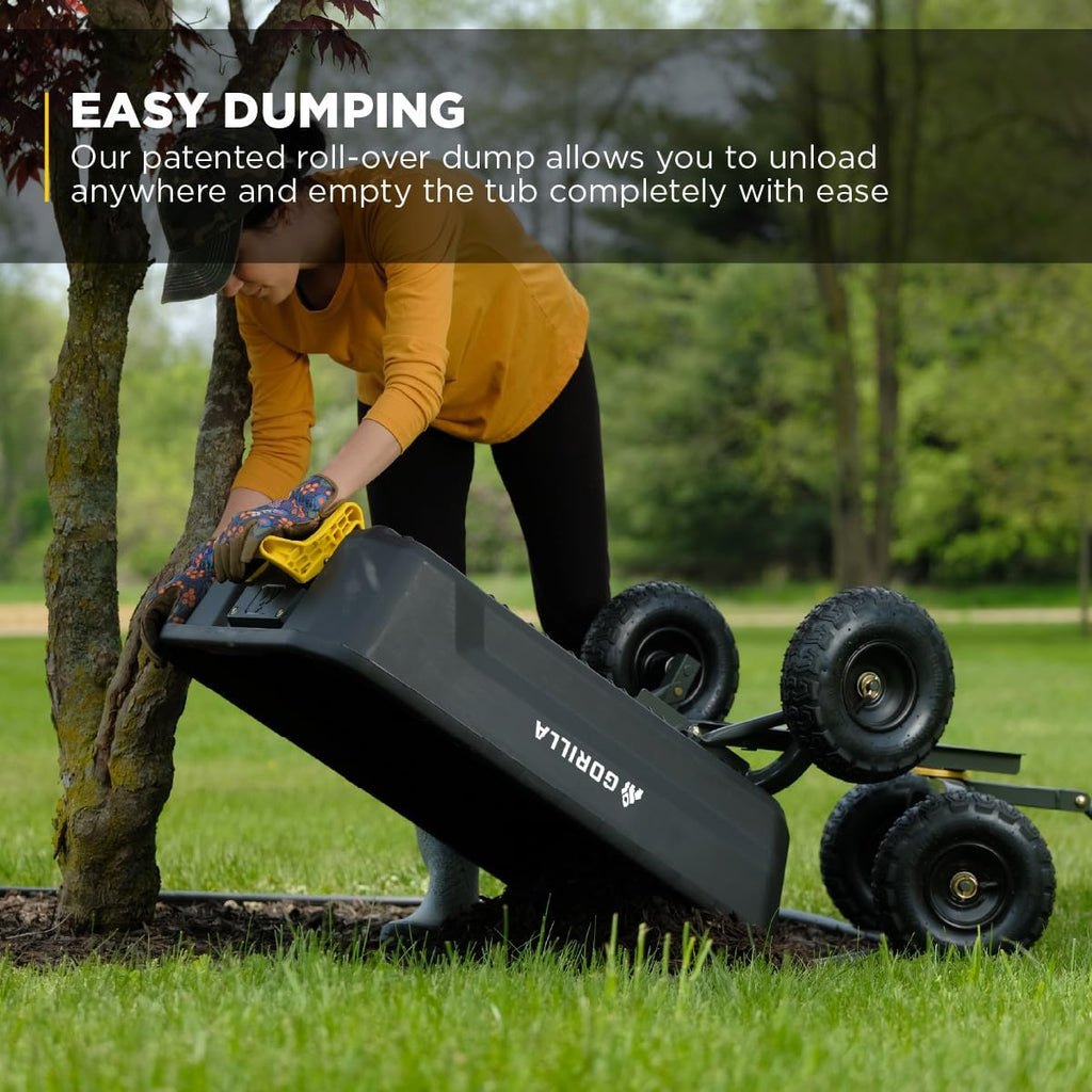 Heavy-Duty Dump Cart, Patented Quick-Release Dumping, Steel Frame, 600 lb Capacity, No-Flat 10-Inch Tires, Utility