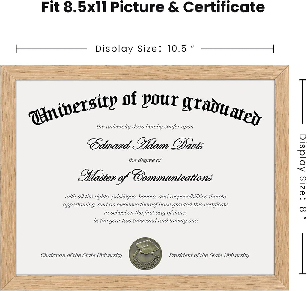 Certificate Frame, 8.5 by 11 Diploma Frames, 1 Pack, Natural | Clear Plexiglass, 8.5x11 Document Degree Frames for