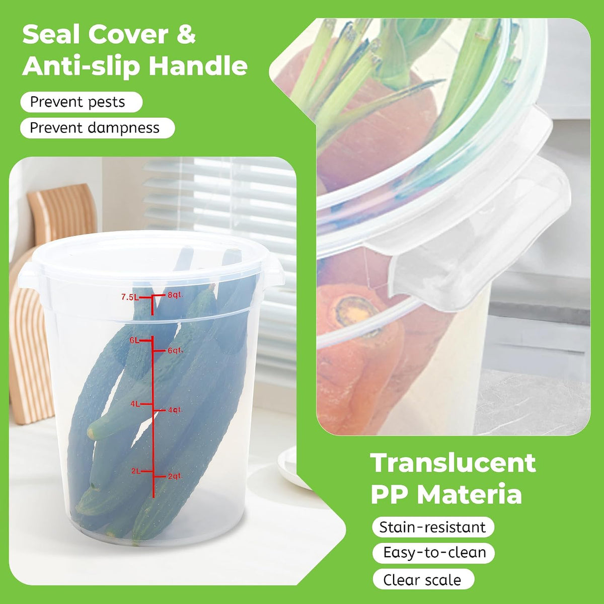 4 Pack 8 Qt Round Food Storage Containers with Lids, Translucent PP