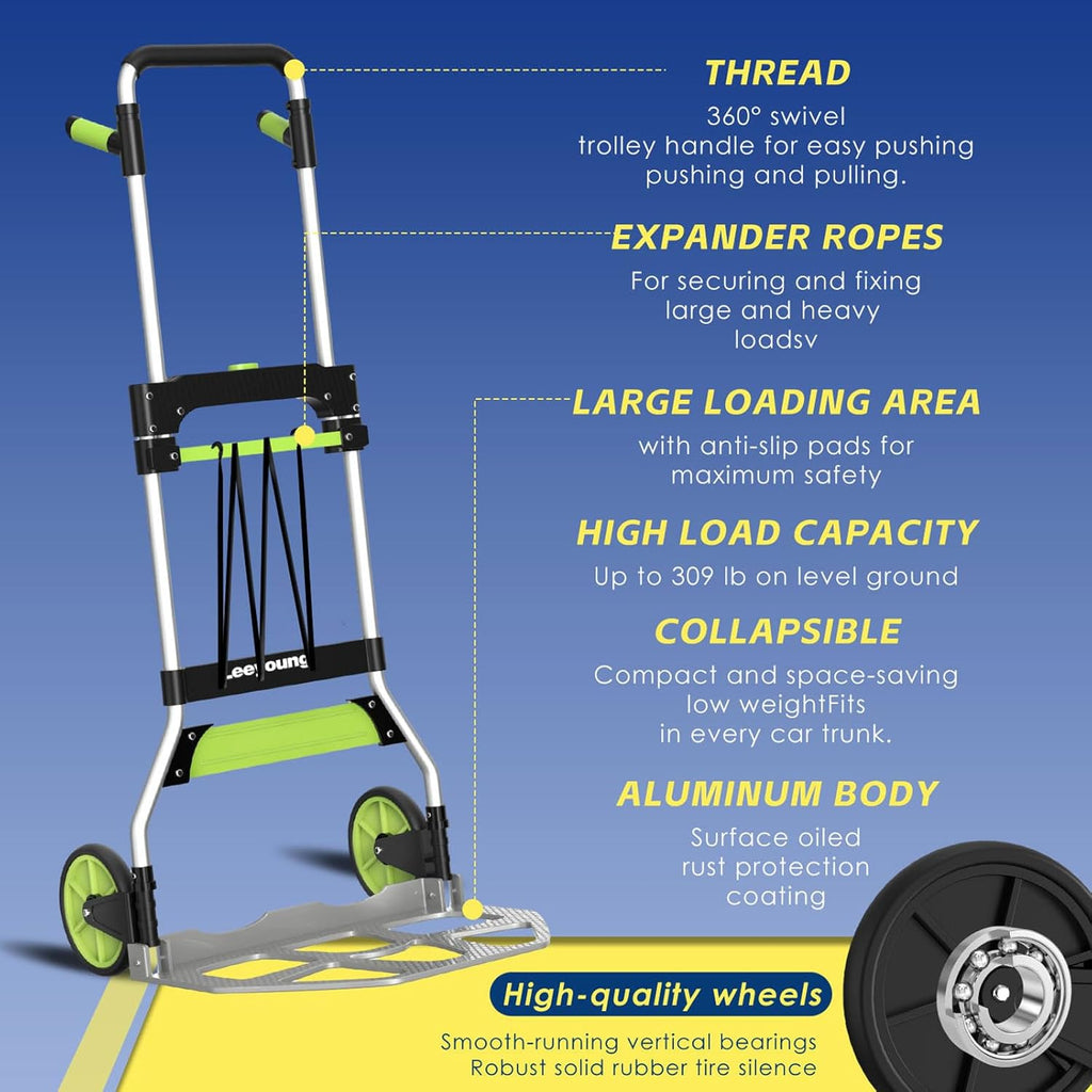 Folding Hand Truck and Dolly,309 lb Capacity Aluminum Portable Cart with Telescoping Handle and PP+EVA Wheels