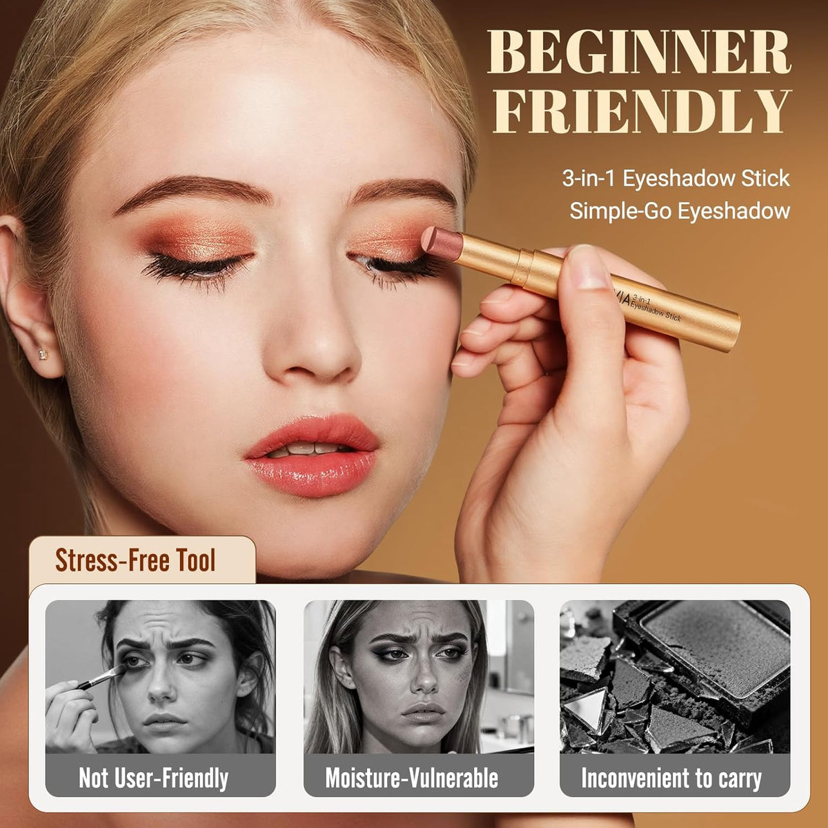 Vevivia 2-Pack 3-Color Eyeshadow Sticks, Waterproof Rose & Orange Shimmer