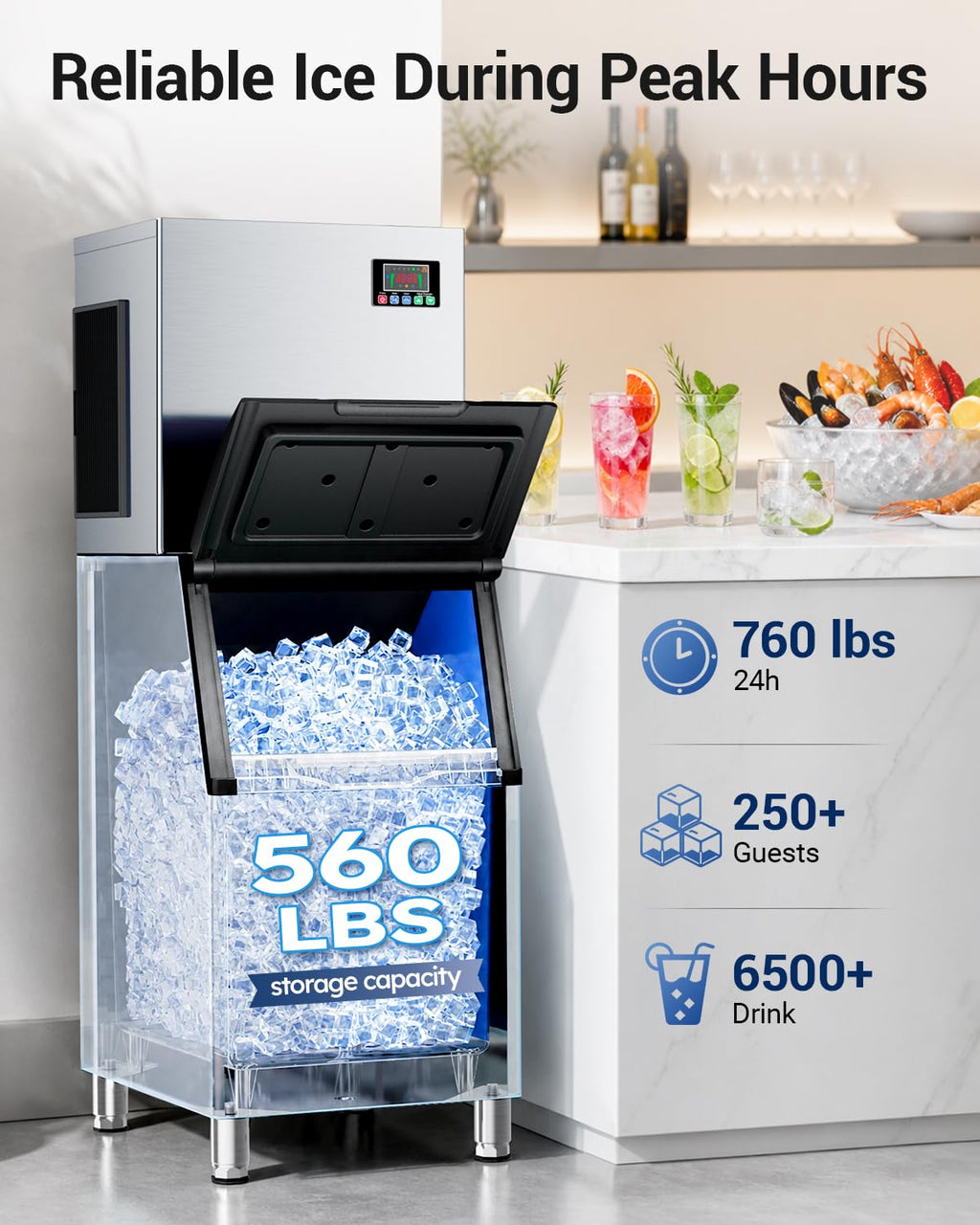 Commercial Ice Maker, 760 LBS/24h with 560 LBS Large Storage Bin