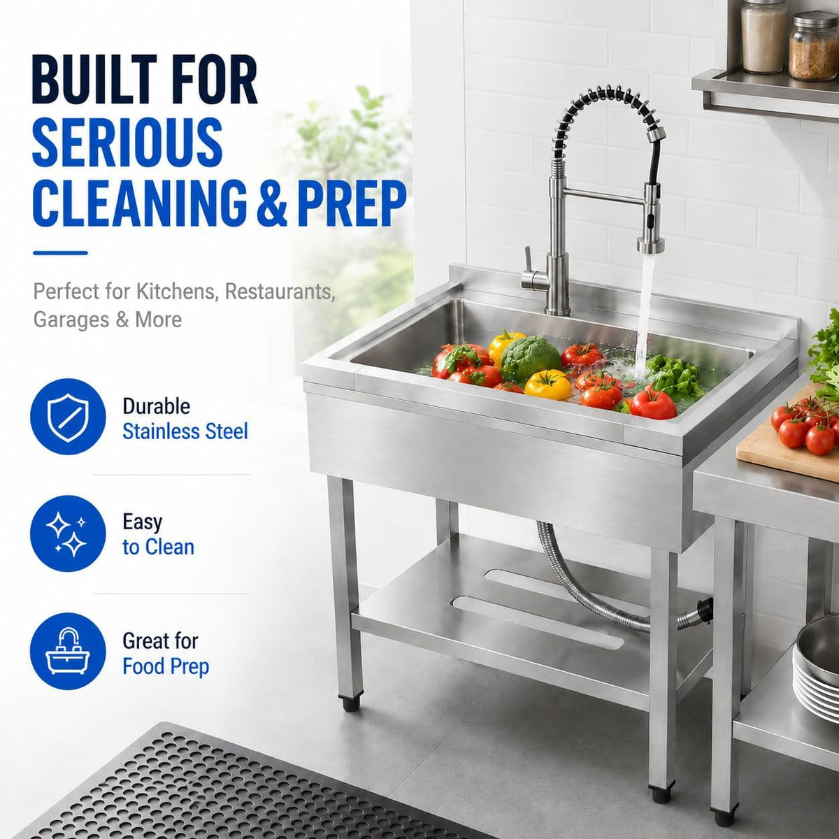 Utility Sink with Countertop and Drawer, Stainless Steel, Freestanding, Deep Single Bowl, Spring Pull-Down Faucet