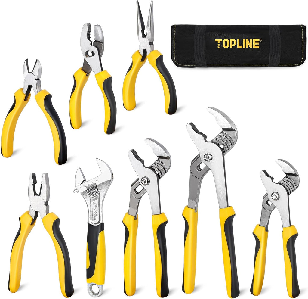 8-Piece Pliers and Wrench Set, 8” Adjustable Wrench, 12”, 10”, 8” Groove Joint, 7” Linesman, 6” Slip Joint, 6” Long