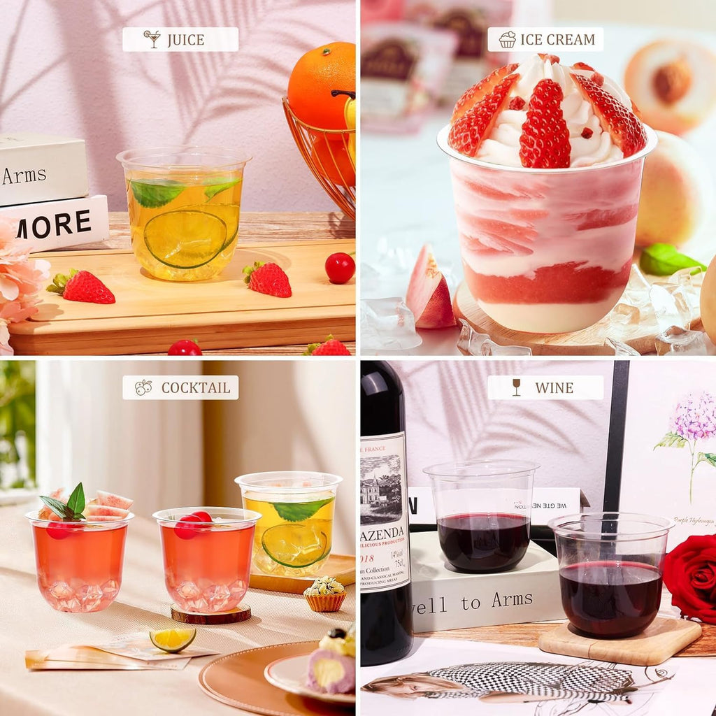 100 Pcs 12oz Plastic Clear Cups, Disposable Wine Cocktail Glasses