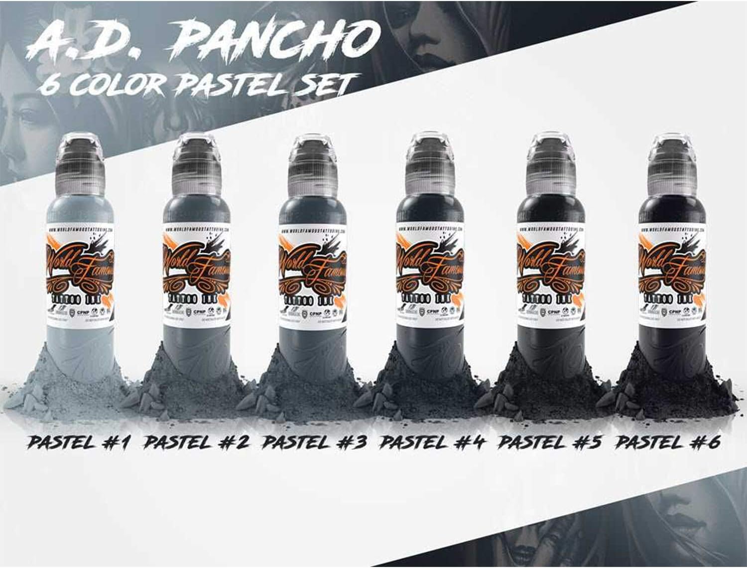 World Famous Grey Set Tattoo Ink, Vegan and Professional Ink, Made in USA, A.D. Pancho Pastel Grey (Set of 6), 1oz