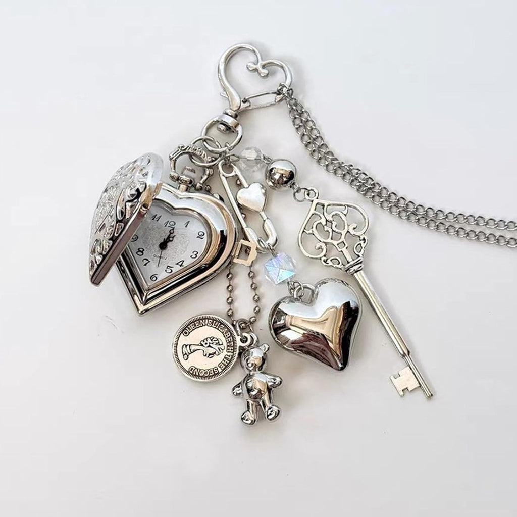 Cartoon Bear Shaped Flipped Lid Heart/Round Locket Keychain Necklace with Vintage Pocket Watch and Star