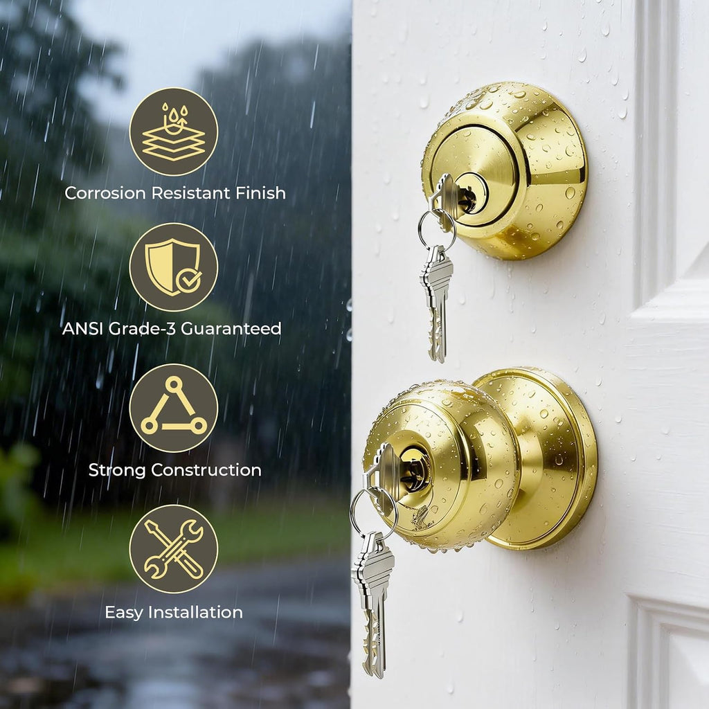 Keyed Entry Door Knob and Single Cylinder Deadbolt Combo Set, Exterior Door Knobs for Entrance and Front Door, Keyed