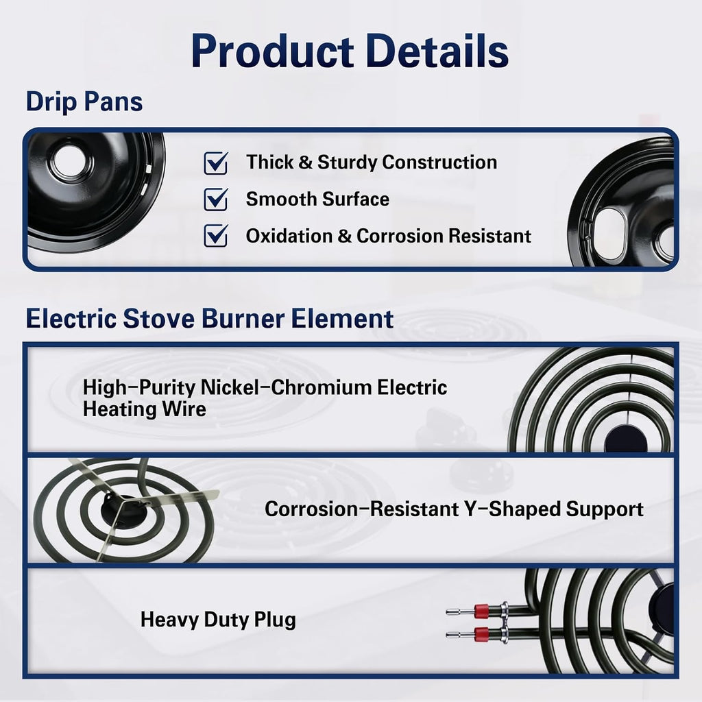 W10290350 W10290353 Drip Pans & MP22YA Electric Burner Element Set