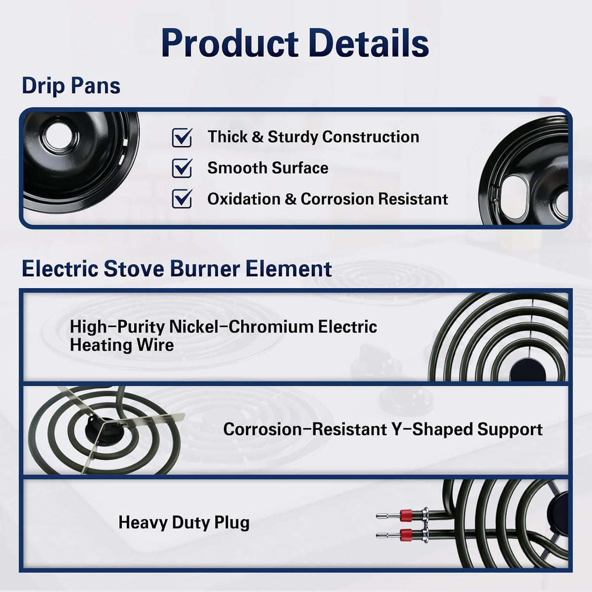 W10290350 W10290353 Drip Pans & MP22YA Electric Burner Element Set
