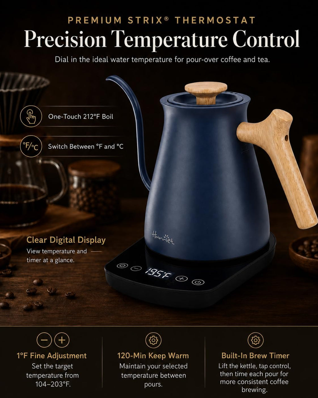 Gooseneck Electric Kettle, 0.8L, 1°F Control, Brew Timer | 120-Min Keep Warm, 104–203°F Control, Built-In Brew Timer