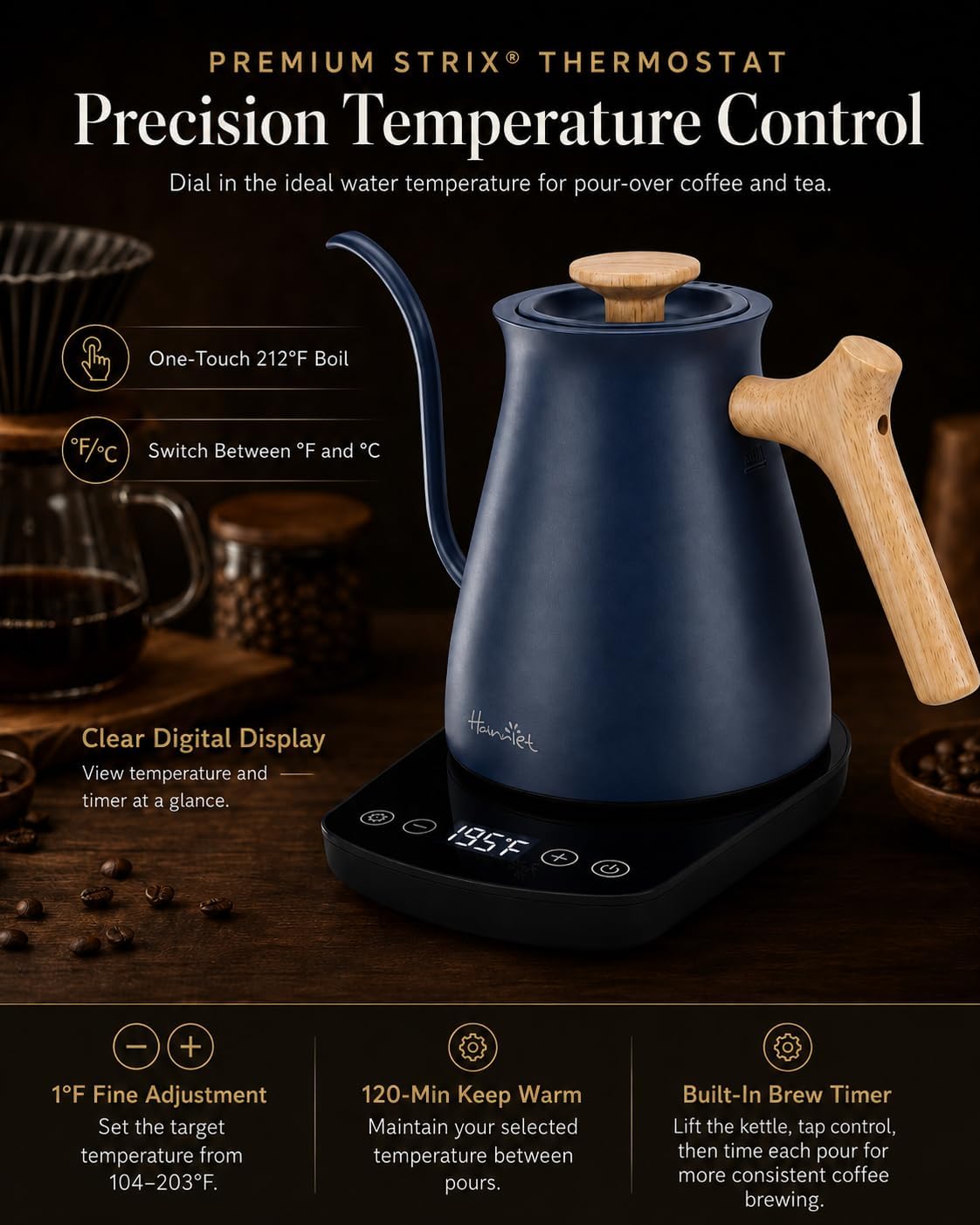 Gooseneck Electric Kettle, 0.8L, 1°F Control, Brew Timer | 120-Min Keep Warm, 104–203°F Control, Built-In Brew Timer