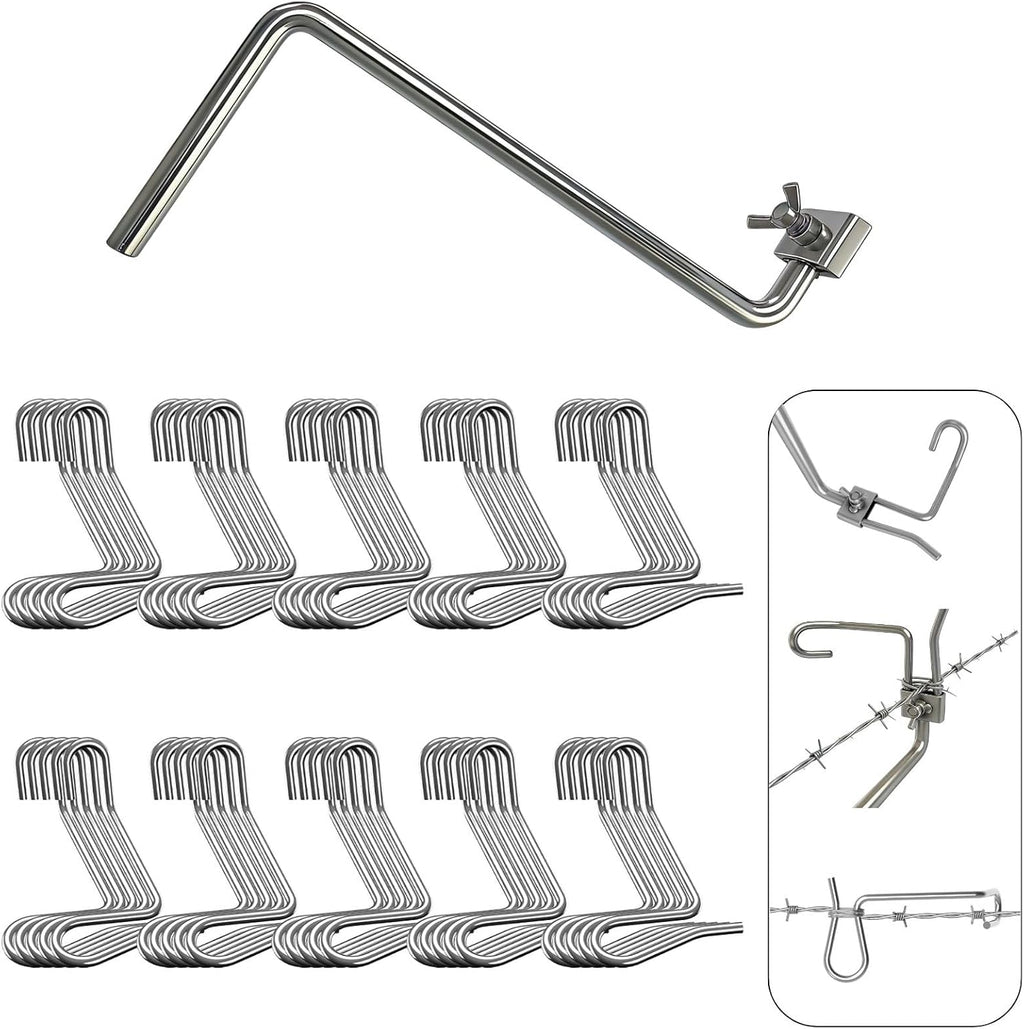 Fence Stretcher Tool Kit - 50-Pack 1/4" Wire Tightener Clips + Heavy-Duty Handle for Barbed Wire, Chain Link & Farm