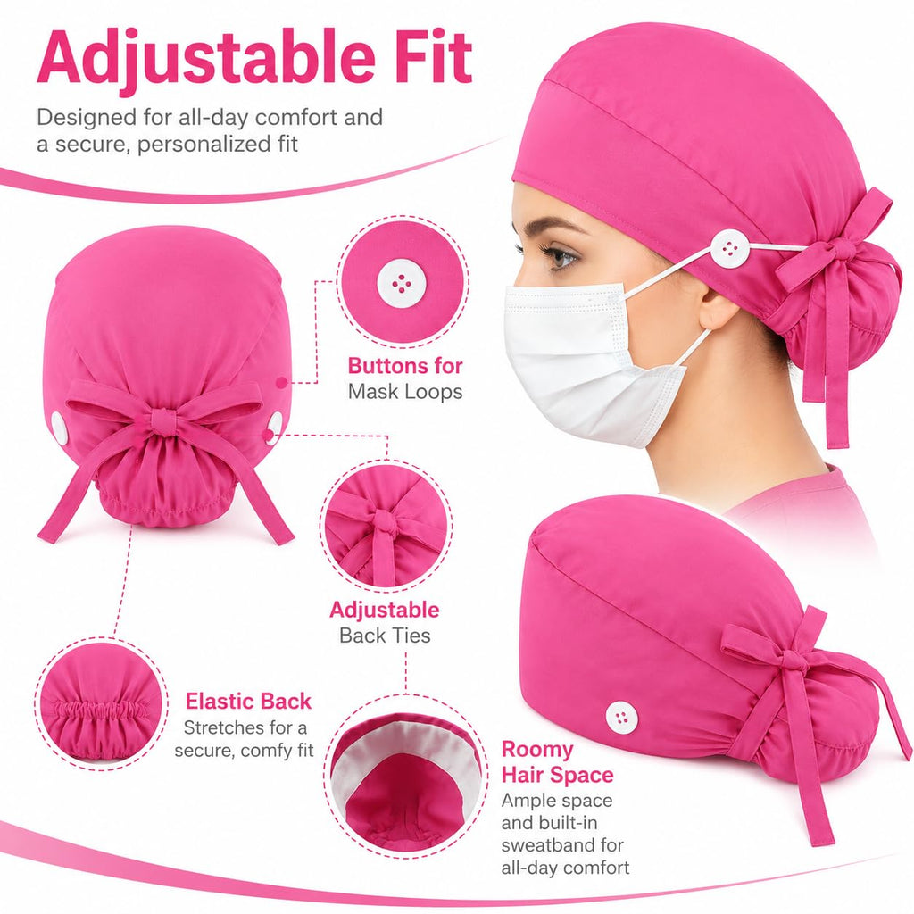 Scrub Cap for Women, Ponytail Pouch, 100% Cotton Surgical Hat, Sweatband, Adjustable Tie Back Nurse Working Cap