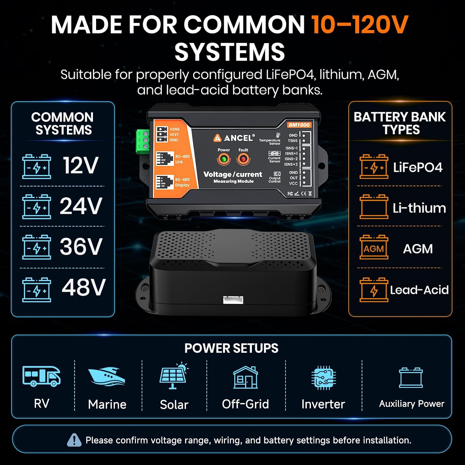 BM1000 Bluetooth Battery Monitor with 400A Smart Shunt, 10-120V Capacity Meter for LiFePO4, Lithium, AGM & Lead-Acid