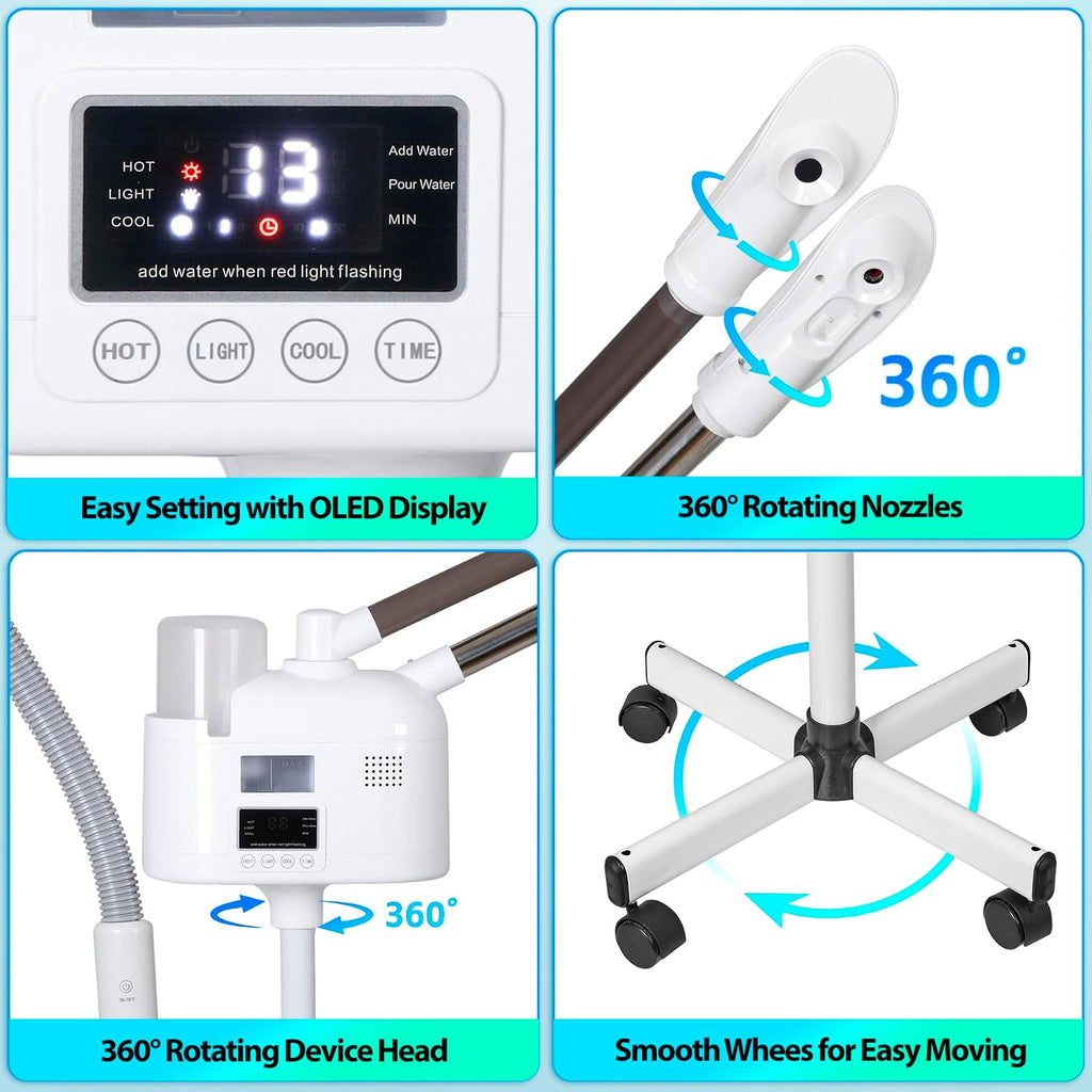 Professional 3 in 1 Facial Steamer, Stand on Wheels with 5X LED Magnifying Lamp, Use at Home or Salon SPA Esthetician