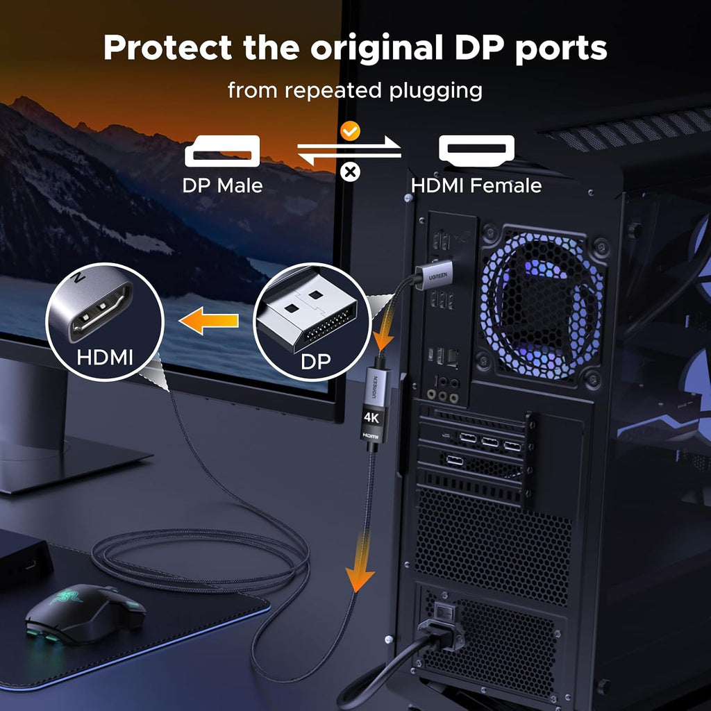 4K DisplayPort to HDMI Unidirectional Adapter 1080P@120Hz, 0.66FT | DP 1.2 PC to HDMI 1.4 Converter, Braided Cable