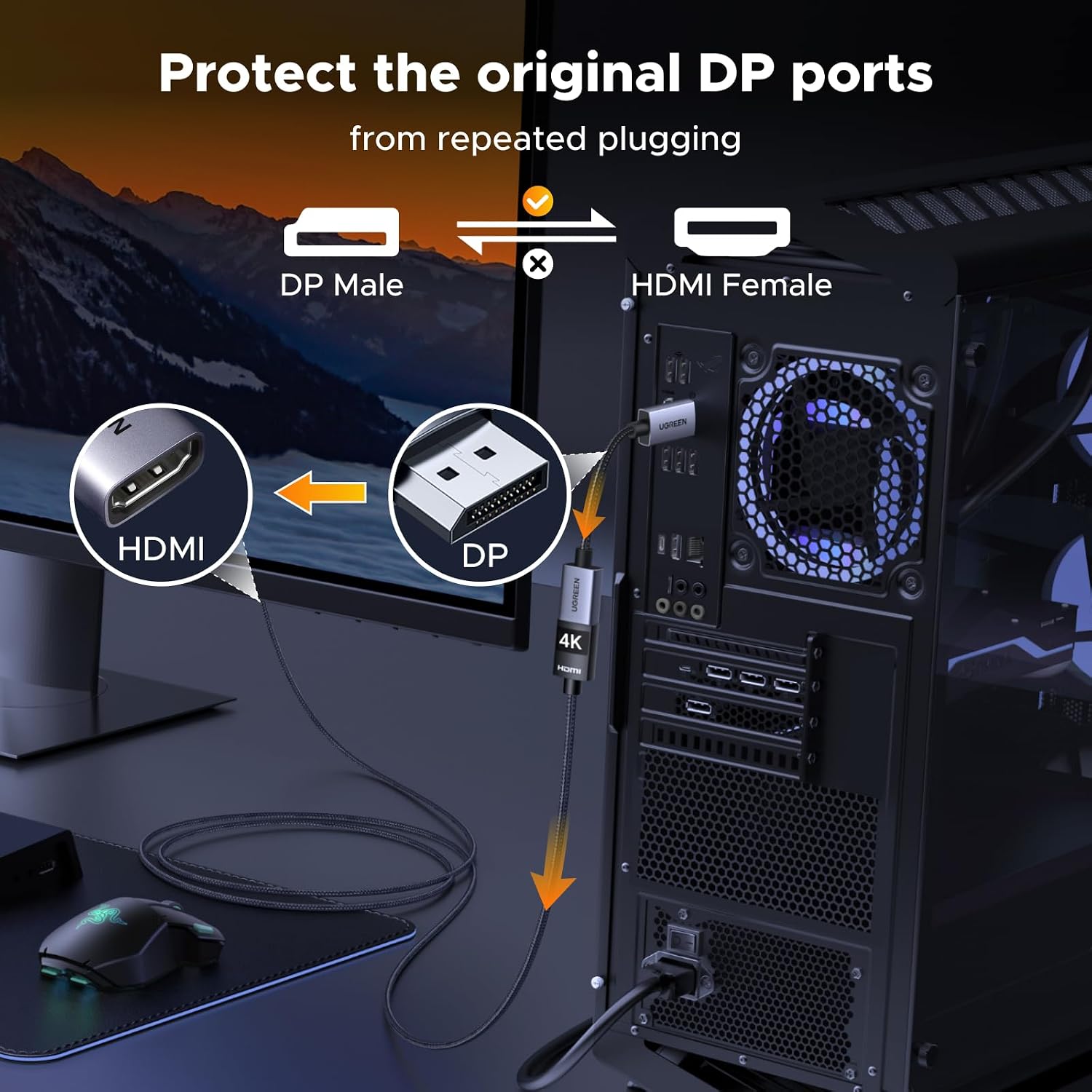 4K DisplayPort to HDMI Unidirectional Adapter 1080P@120Hz, 0.66FT | DP 1.2 PC to HDMI 1.4 Converter, Braided Cable