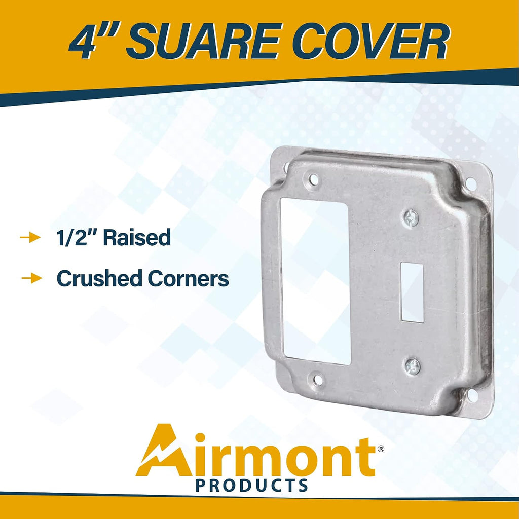 2-Gang Toggle & Rocker Electrical Box Cover, 4" Square, 1/2" Raised Steel