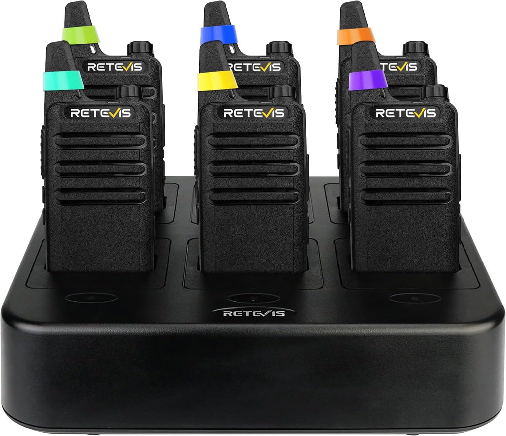 RT22 Commercial FRS Walkie Talkies Rechargeable Long Range (6 Pack) | Slim & Lightweight 2 Way Radio, For K-12 &