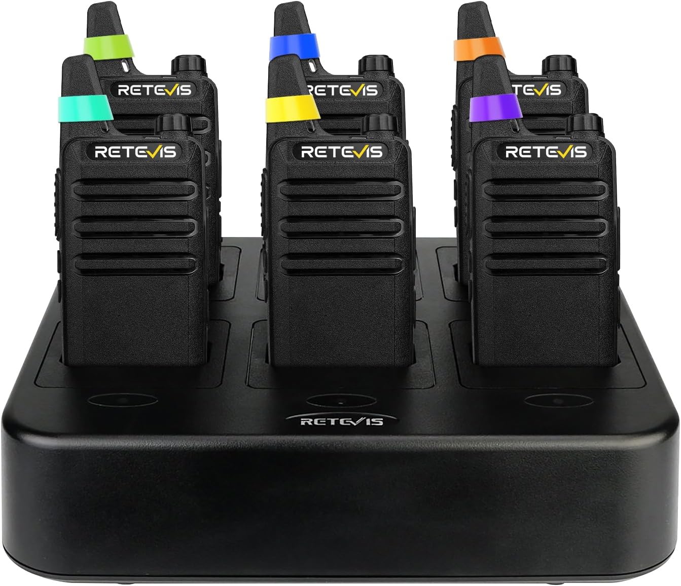 RT22 Commercial FRS Walkie Talkies Rechargeable Long Range (6 Pack) | Slim & Lightweight 2 Way Radio, For K-12 &