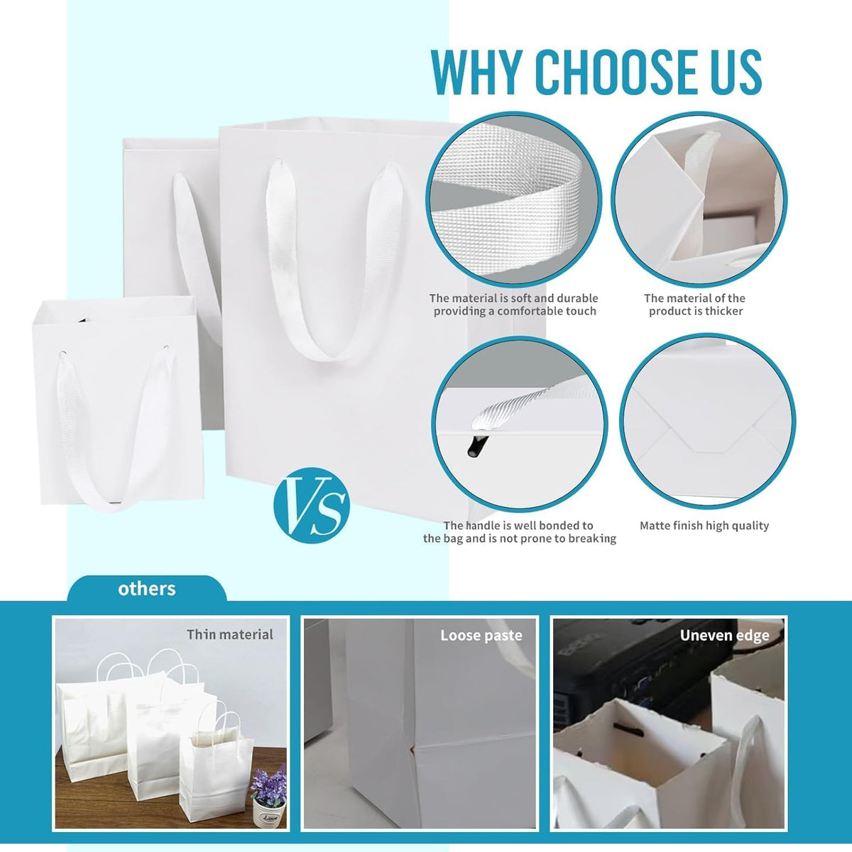 White Gift Bags with Tissue Paper, 30 Pack, 7x4x9 In