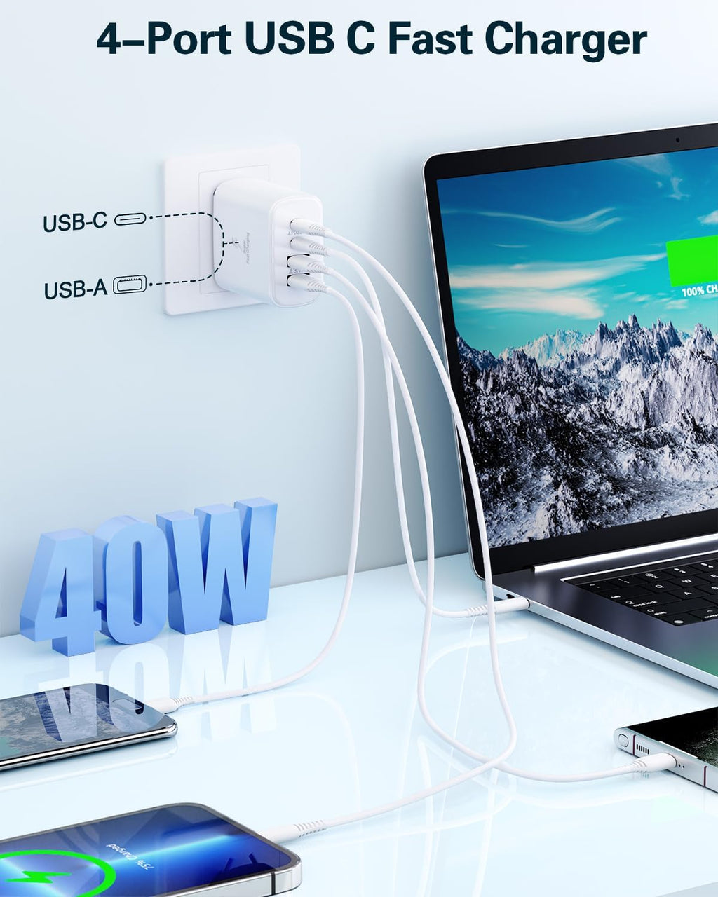 USB C Charger Block, 2-Pack 40W 4-Port USB C Wall Charger Fast Charging Dual Port PD Power Adapter+QC Double Wall