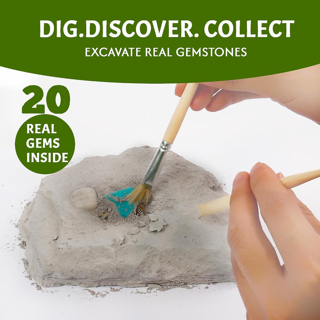 Gemstone Dig Kit for Kids, 20 Real Gems, Science Excavation Gift | Rocks Stones Collection,Ages 8-12 Fit,STEM