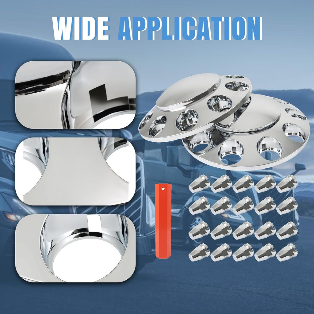 2 Chrome Front Hub Axle Cover Center Caps with 33mm Lug Nut Covers Replacement for Semi Truck 20 in, 22.5 in and 24.5