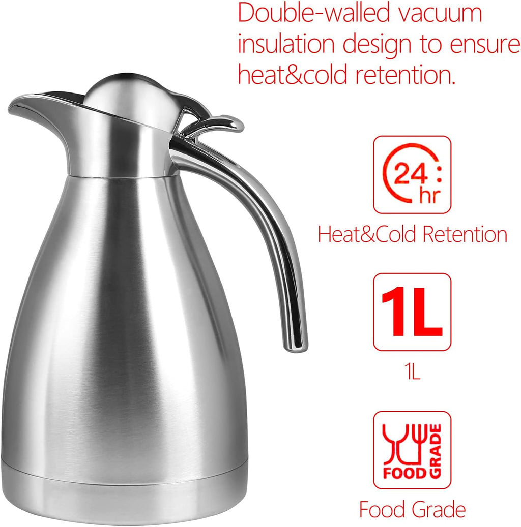 34 oz Food-grade Stainless Steel Thermal Carafe/Double Walled Vacuum Insulated Coffee Pot with Press Button Top, 12+