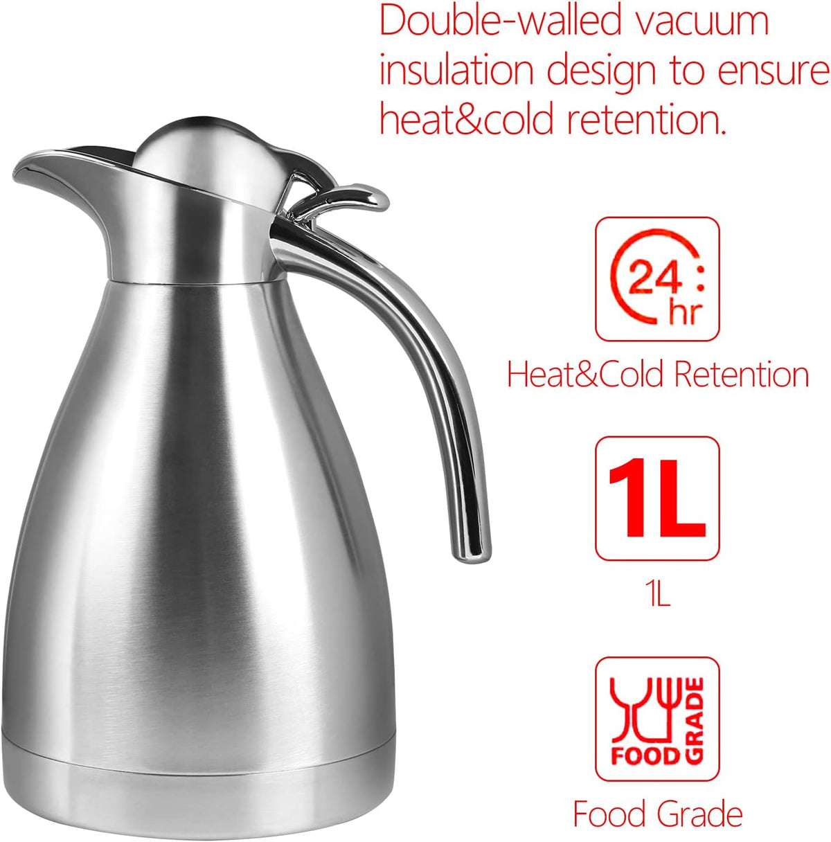 34 oz Food-grade Stainless Steel Thermal Carafe/Double Walled Vacuum Insulated Coffee Pot with Press Button Top, 12+
