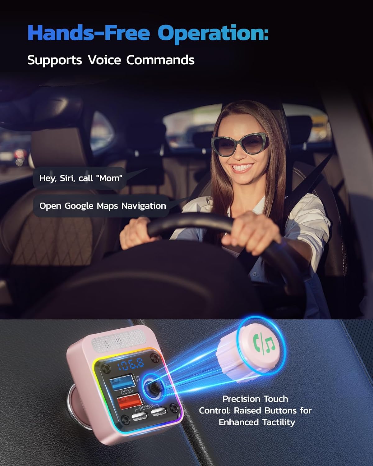 54W Bluetooth 5.3 Car Adapter, FM Transmitter 4-Port Fast Charging | Wireless FM Radio Music Player with Deep Bass, 5