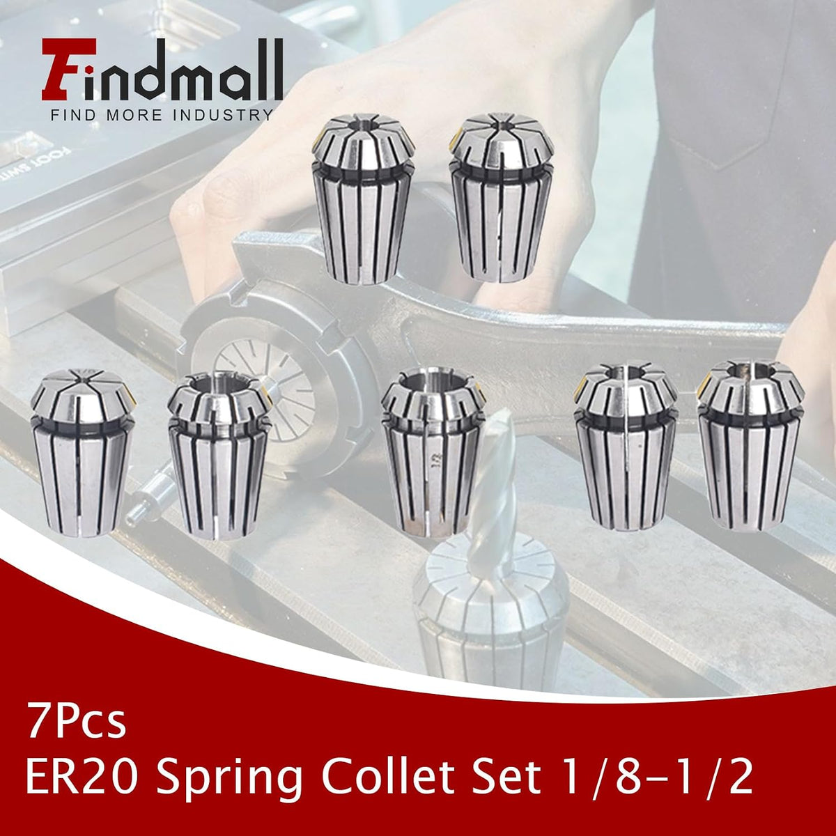 findmall 7Pcs ER20 Spring Collet Set 1/8-1/2 CNC Milling Lathe Tool