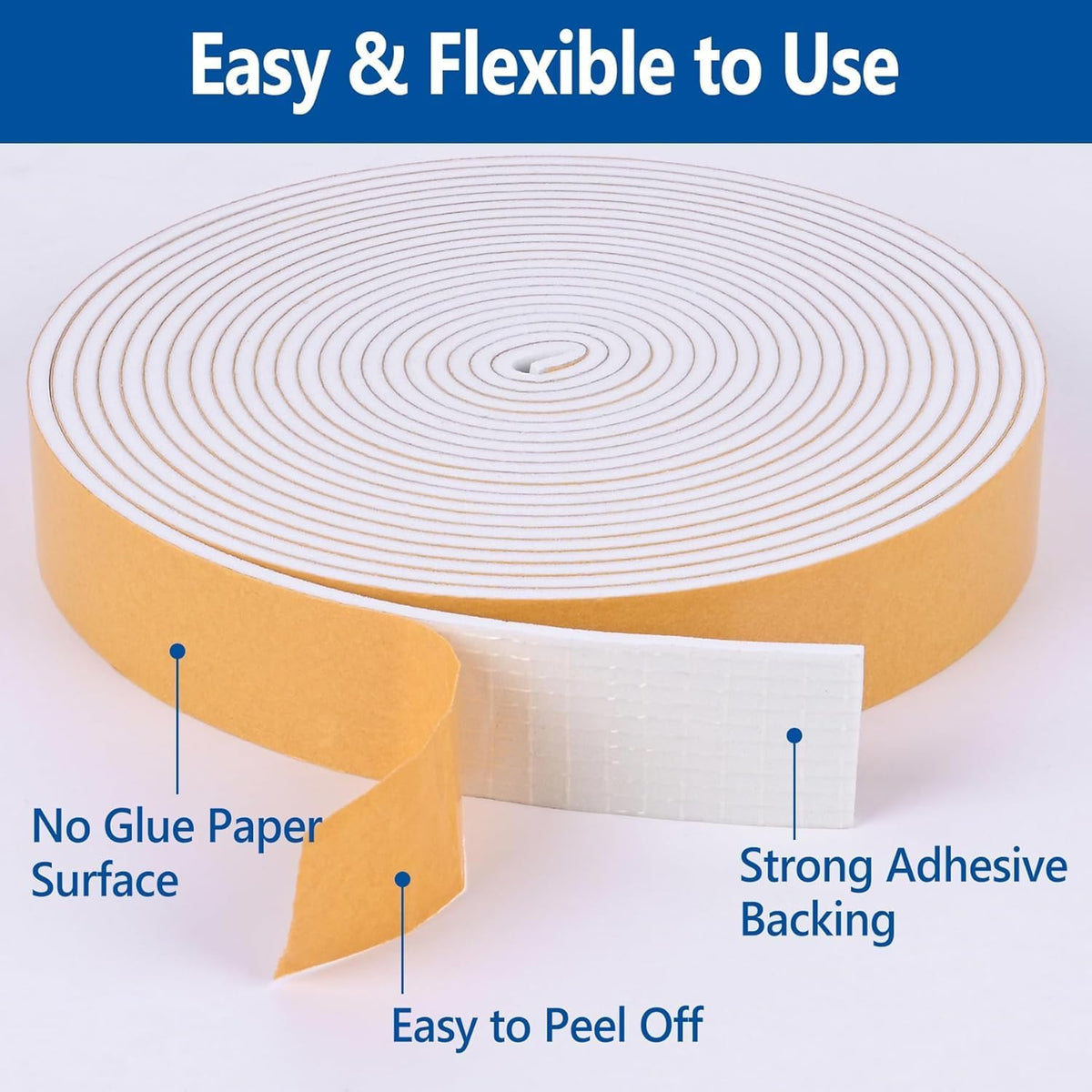 Self Adhesive Foam Tape Weatherstrip 1/2in x 1/8in x 66Ft High Density Foam Insulation Strips Seal Weather Stripping