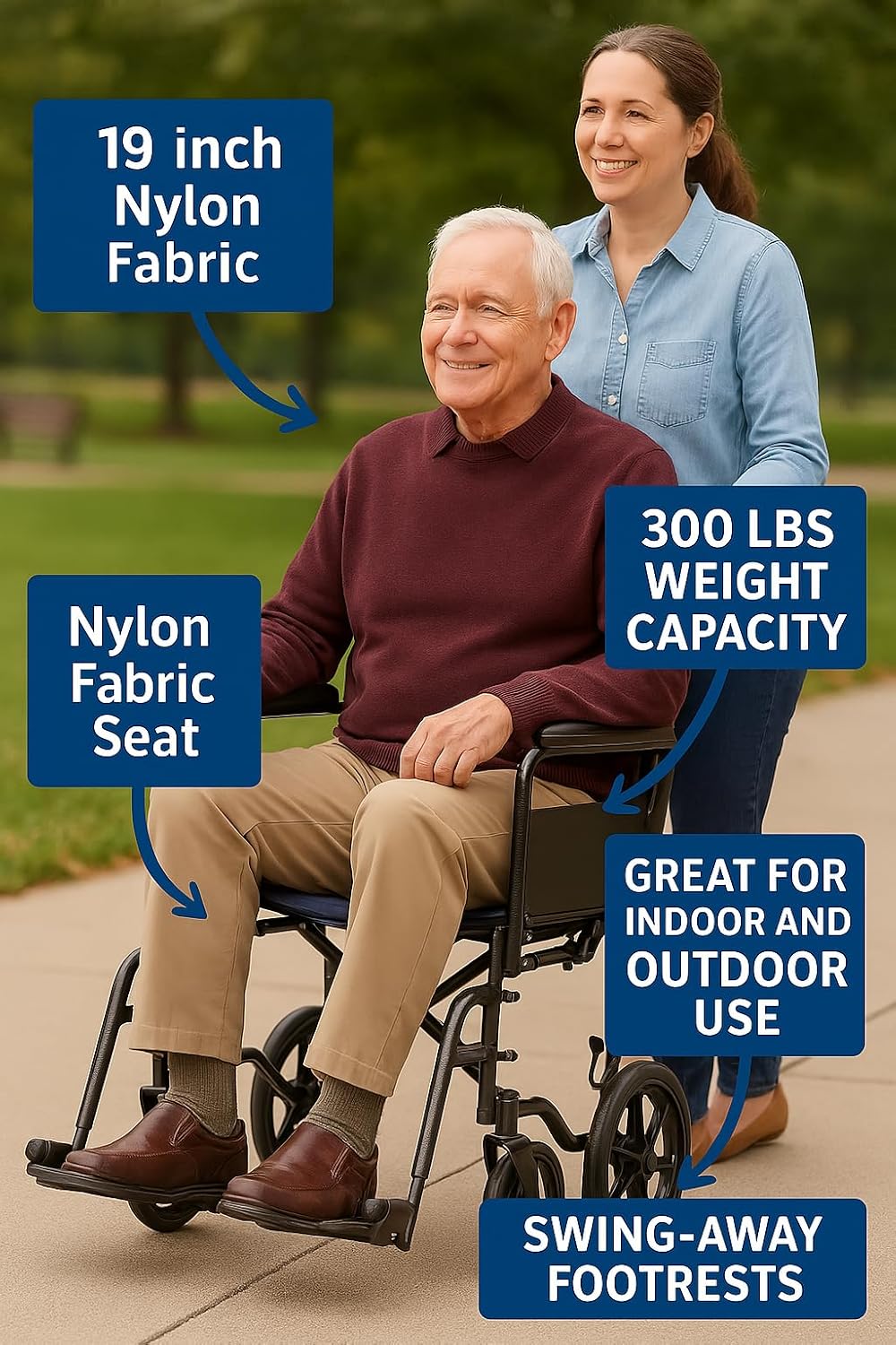 Black Hammertone Transport Chair, 19inch Seat, 300lbs Weight Capacity, Lightweight