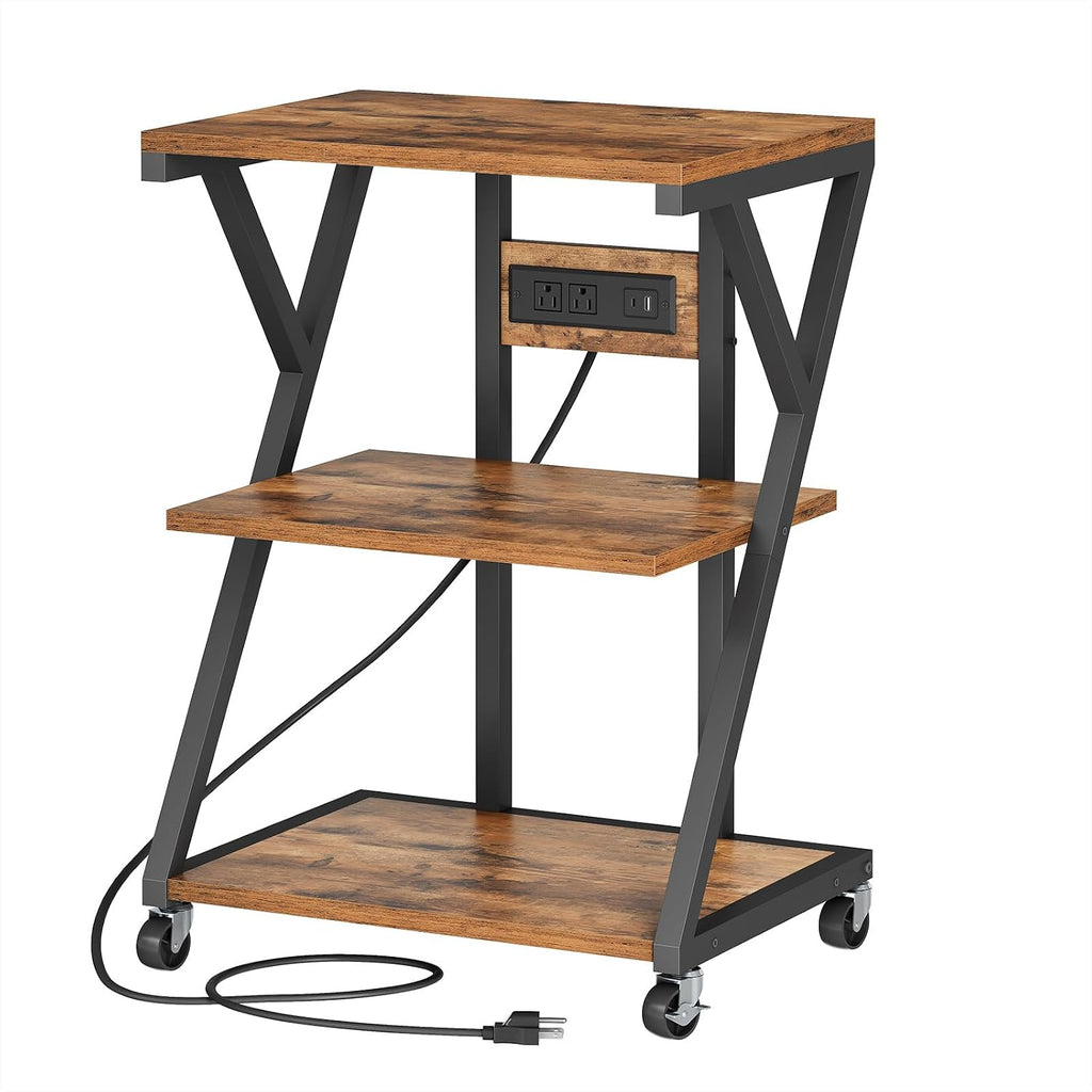 3-Tier Printer Stand, Mobile Printer Table, Rolling Cart with Charging Station, Home Printer Stand