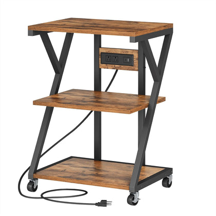 3-Tier Printer Stand, Mobile Printer Table, Rolling Cart with Charging Station, Home Printer Stand