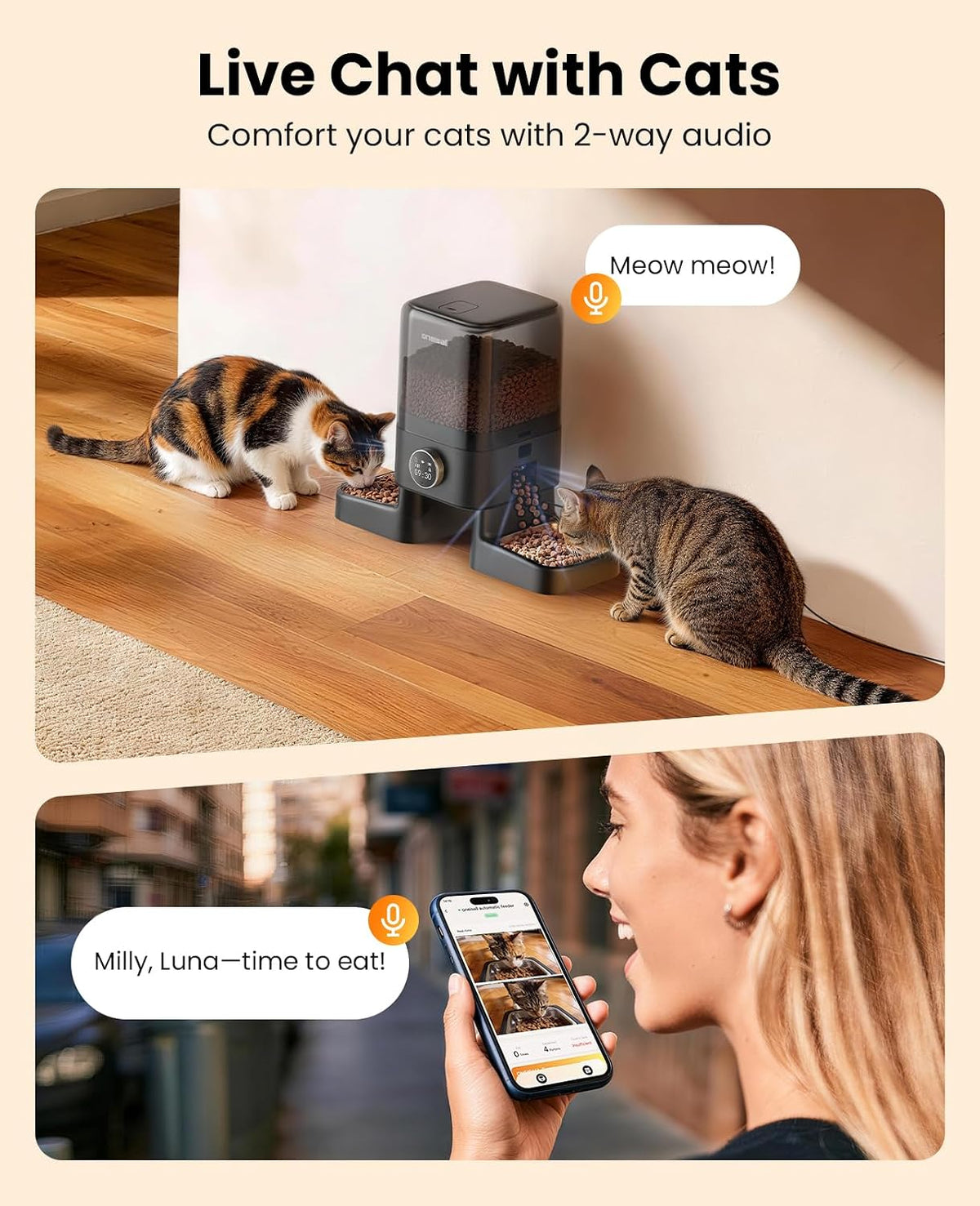Automatic Cat Feeder with Camera for 2 Cats Pets, 20 Cups/5L