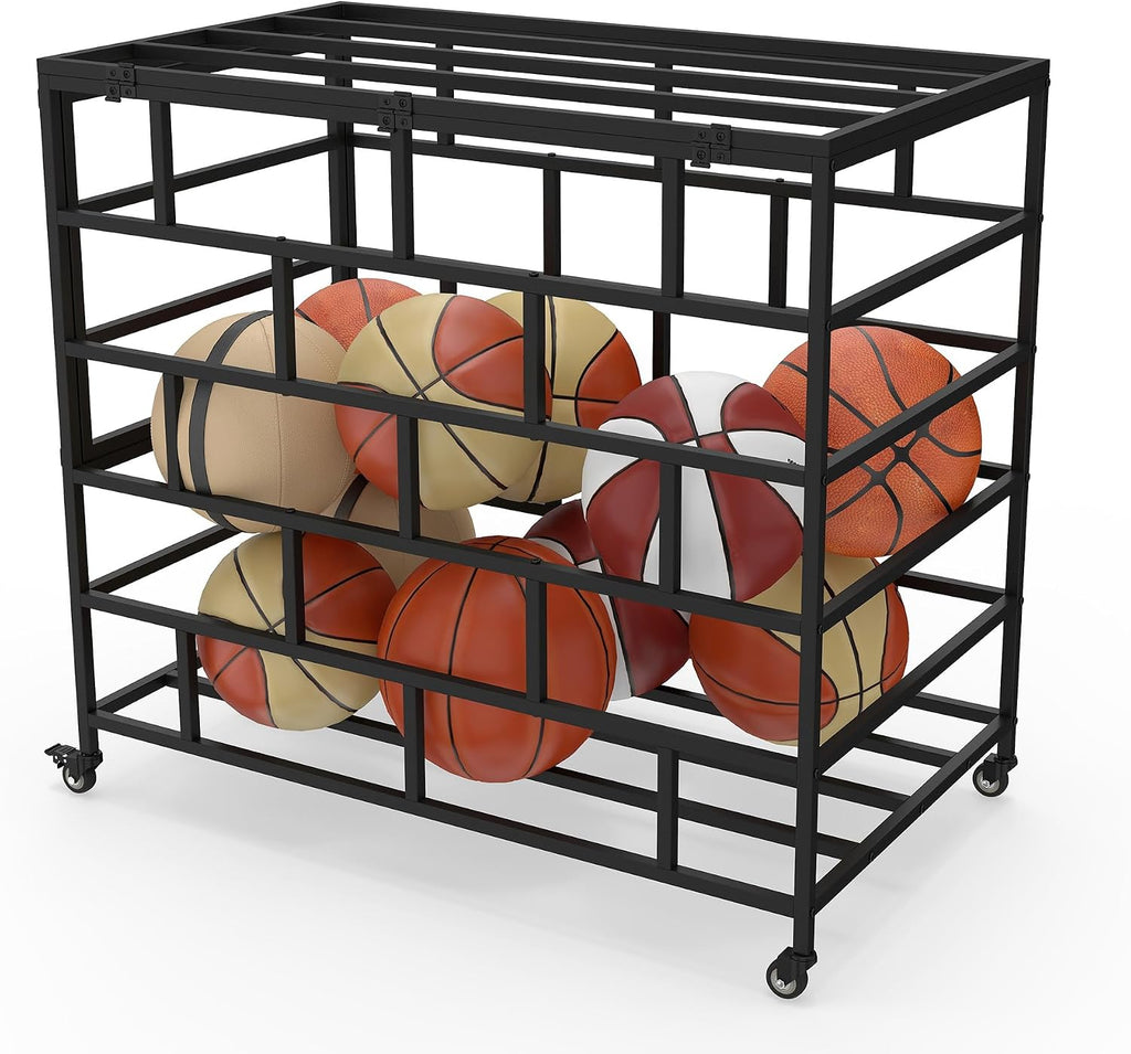 Ball Storage Cart, Lockable Rolling Basketball Storage Bin | Ball Organizer with Wheels, Secure Sports Exercise Ball