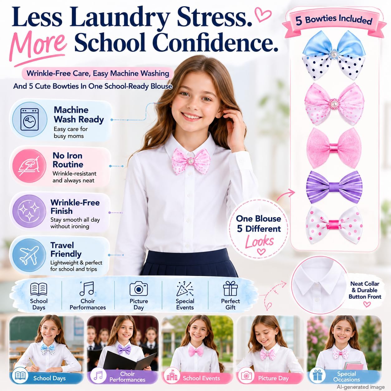 White Wrinkle-Free Girls Shirt: School Uniform Bowtie | Long Sleeve Button Down Dress Blouse, Collared Cotton Oxford