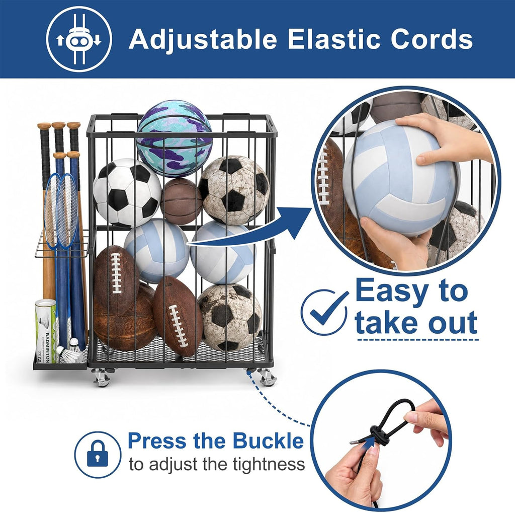 Garage Ball Storage Rack with Wheels and Elastic Rope, Sports Ball Holder for Basketball, Soccer, Volleyball