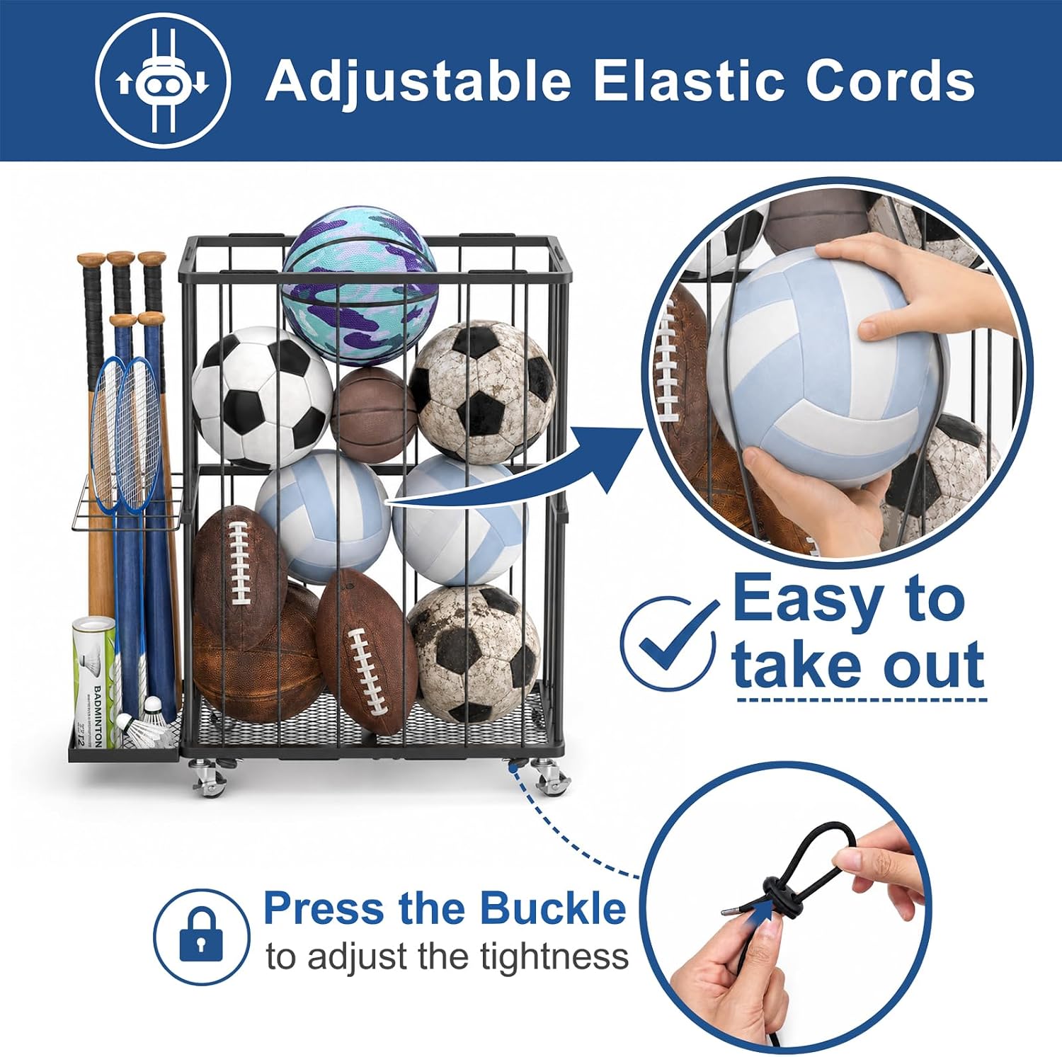 Garage Ball Storage Rack with Wheels and Elastic Rope, Sports Ball Holder for Basketball, Soccer, Volleyball
