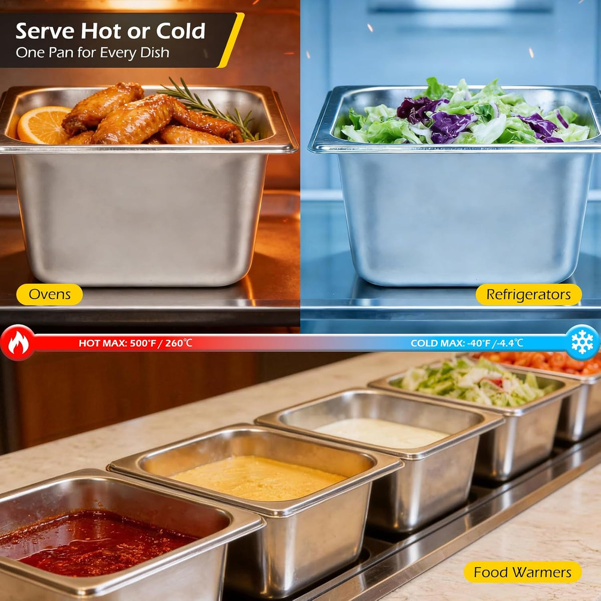 Hotel Pans with Lid 1/6 Size Pans 4 Inch Deep 6 Pack Food Pans