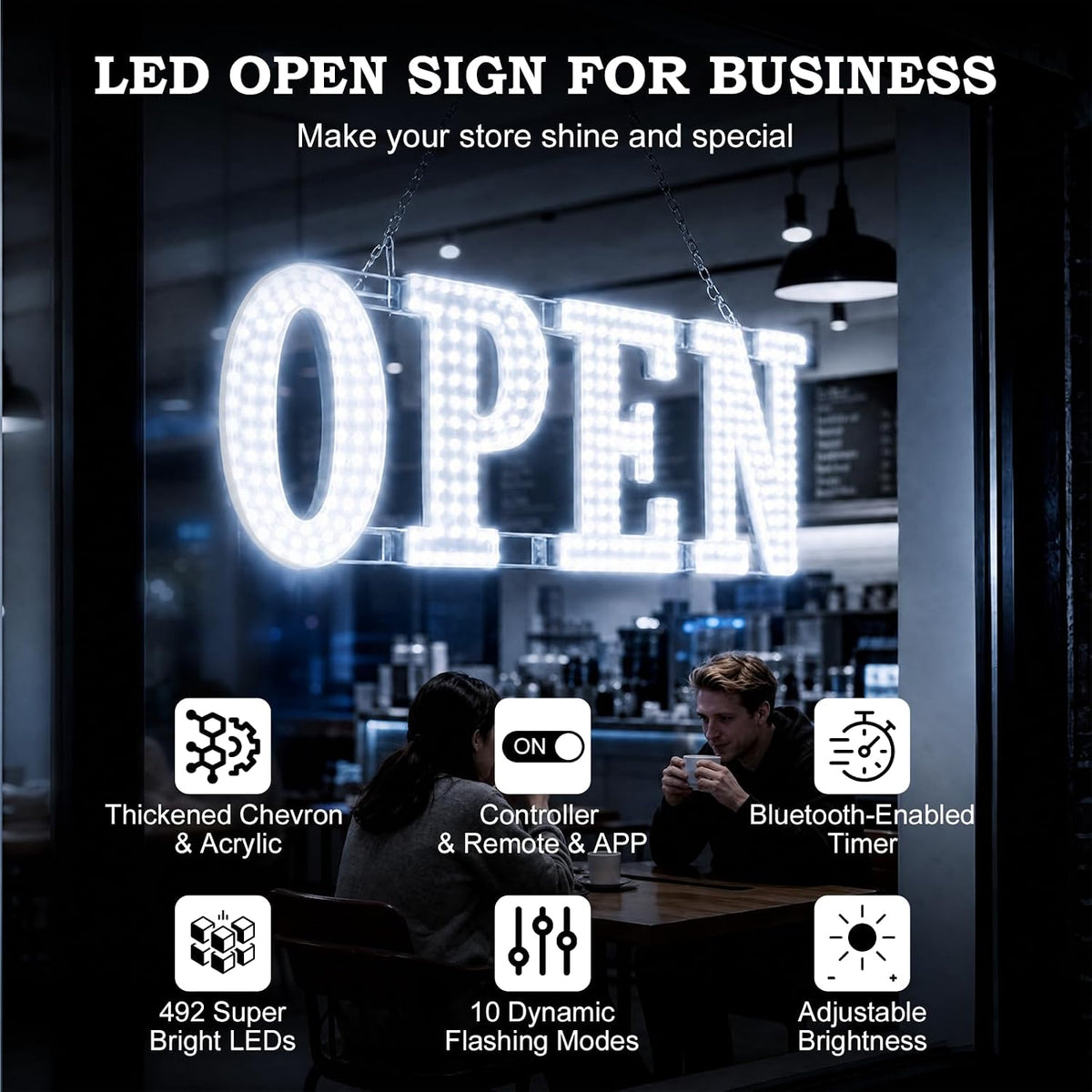 30"x10" Smart LED Open Sign for Business, with APP & Remote Control