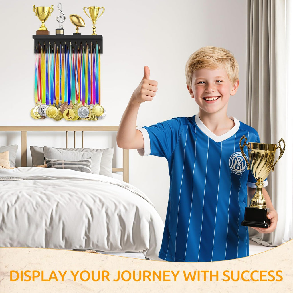 Medal Hanger Display and Trophy Shelf Organizer, Wooden Wall Mount Ribbon Holder with 25 Steel Hooks, Race Awards
