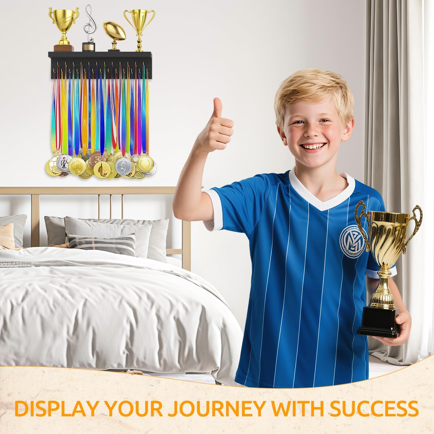 Medal Hanger Display and Trophy Shelf Organizer, Wooden Wall Mount Ribbon Holder with 25 Steel Hooks, Race Awards