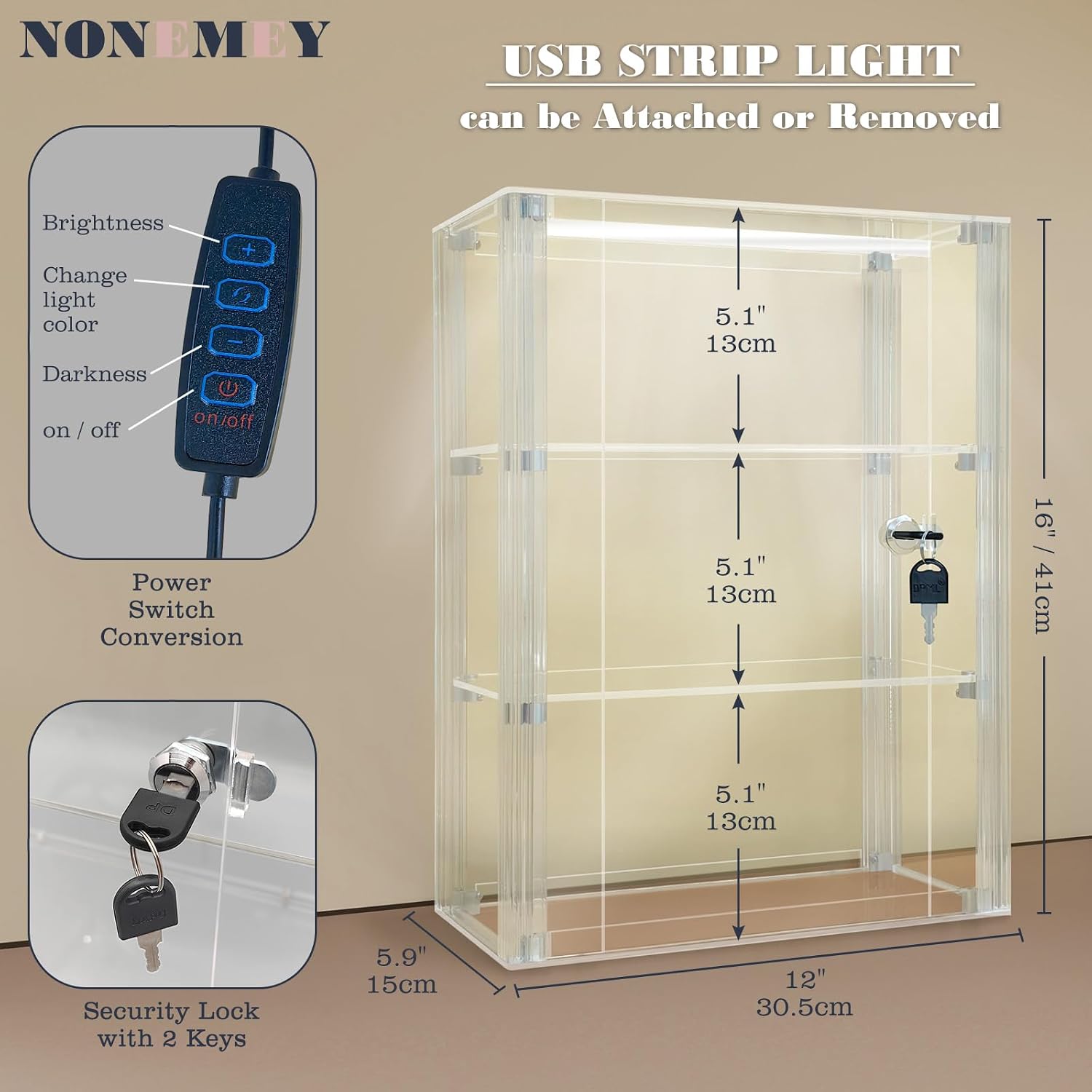 Acrylic Display case with Lock,3 Tier Lockable Security Display Case, Dustproof Protection Countertop Organizer Box